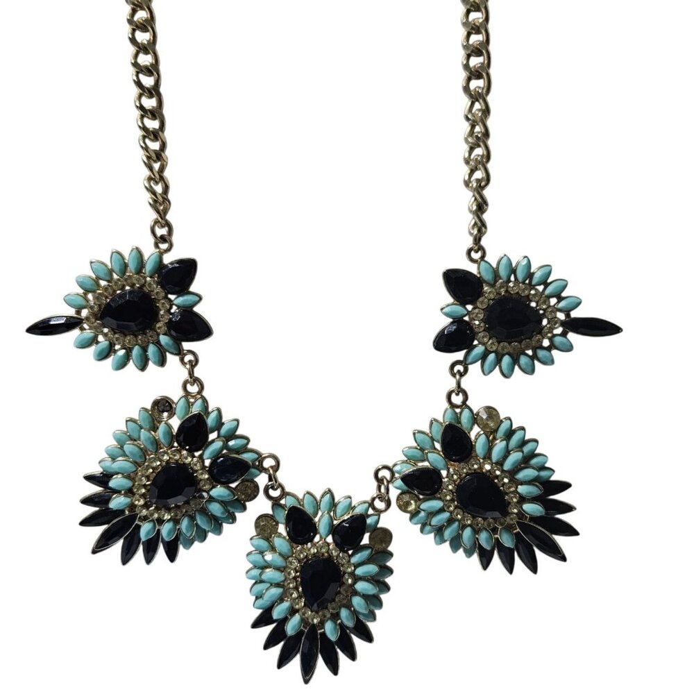 Southwestern Floral Gem Design Statement Necklace Blue Black Beads Jewelry Women